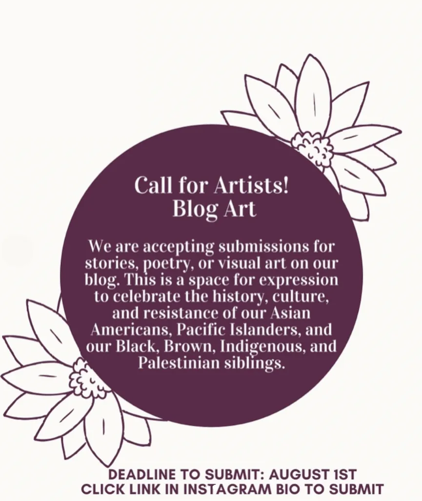 Graphic reading "Call for Artists! Blog Art" in a plum circle framed by hand-drawn flowers.