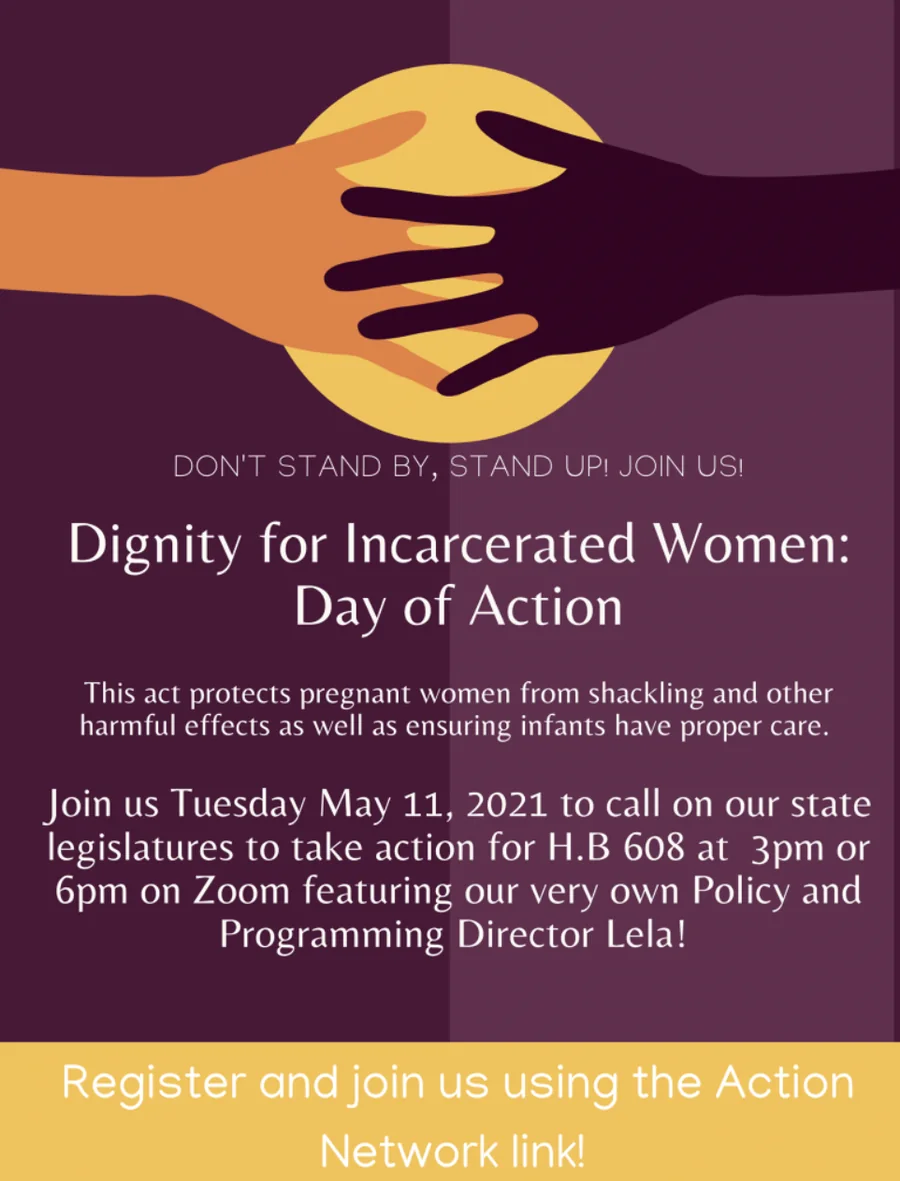 Poster reading "Dignity for Incarcerated Women: Day of Action" over two clasped hands against a gold circle on a deep plum ground.
