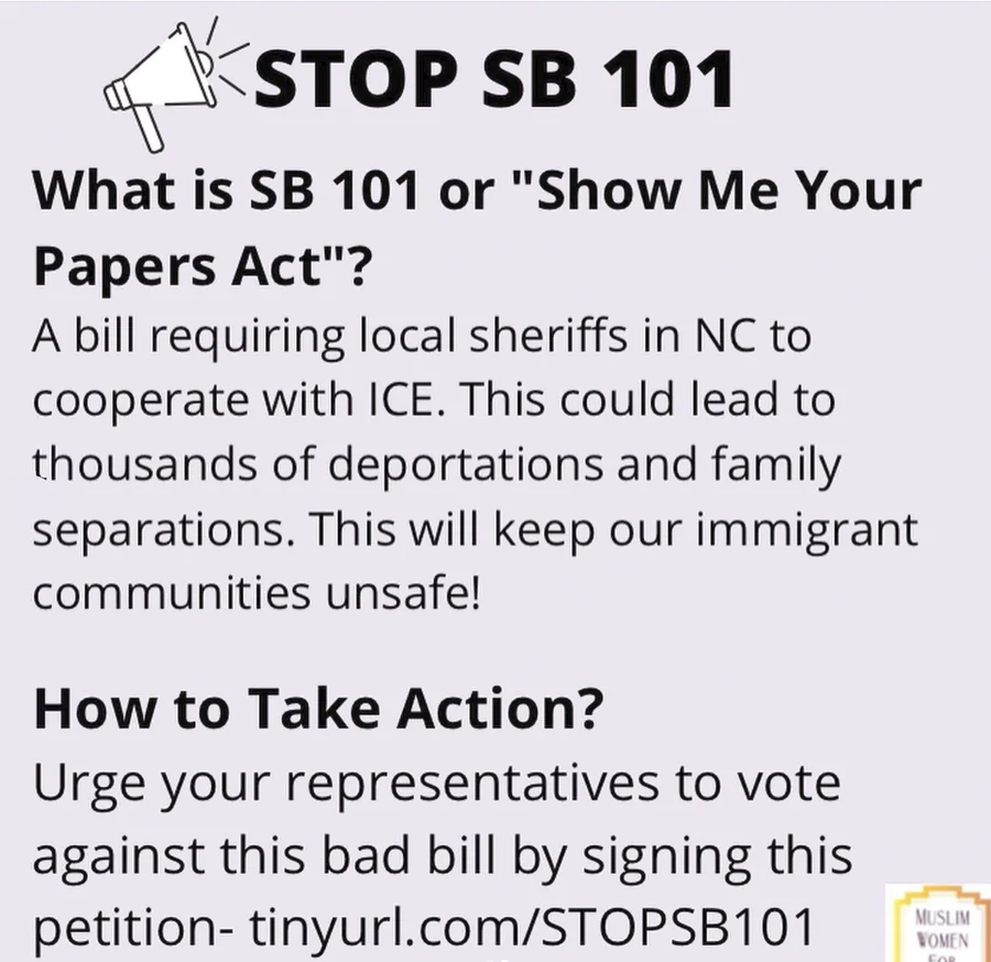 Explainer slide headed "Stop SB 101" describing the bill and how to take action.